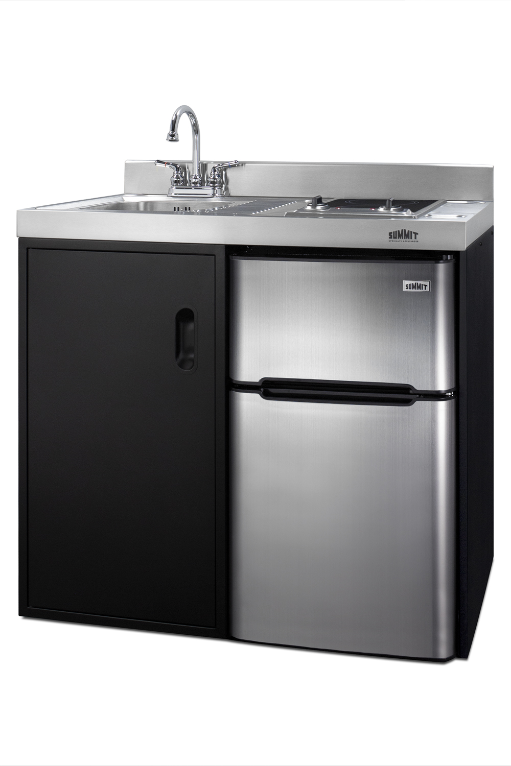 39 inch wide all-in-one kitchenette in black with a 2-burner 115V smooth-top cooktop, 2-door refrigerator-freezer, sink, and storage cabinet